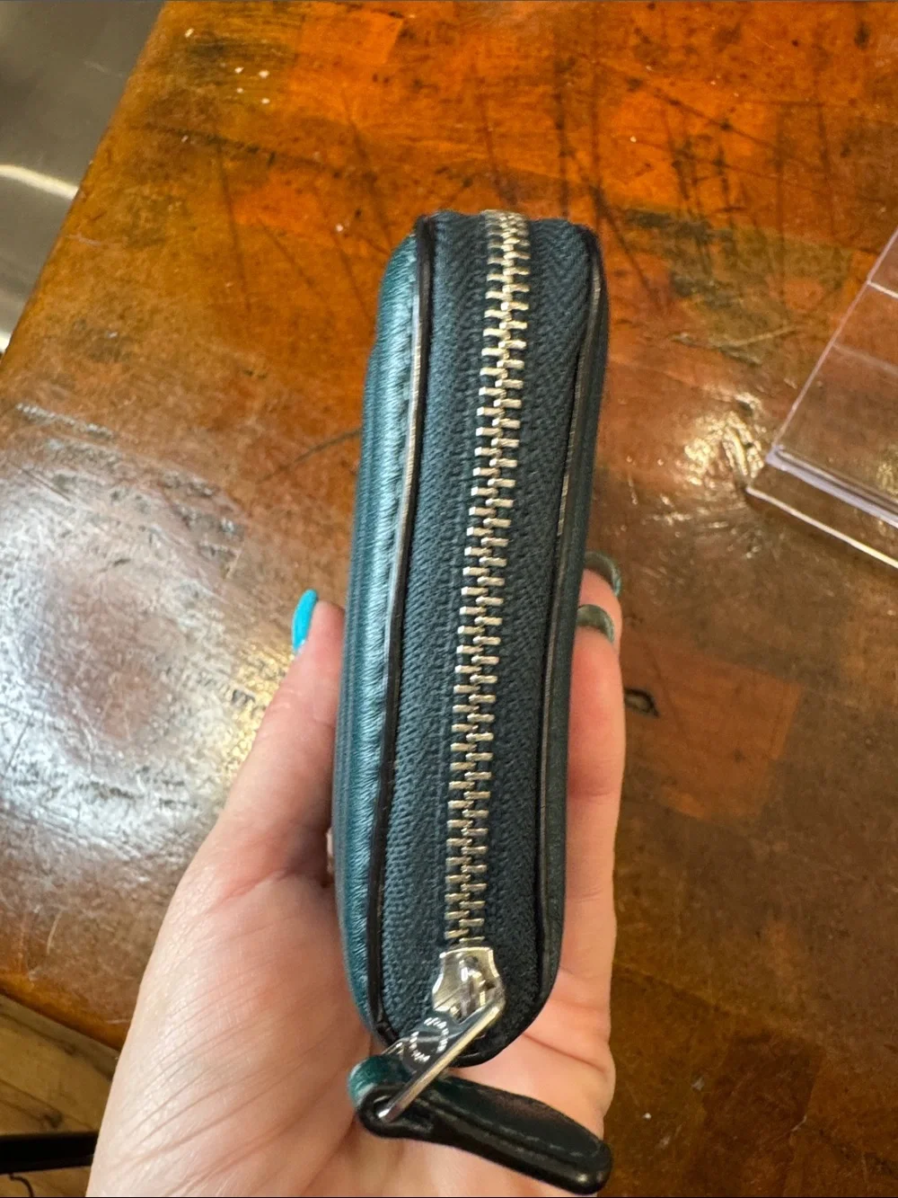 Coach Teal Zip Wallet with Silver Logo - Picture 7 of 11